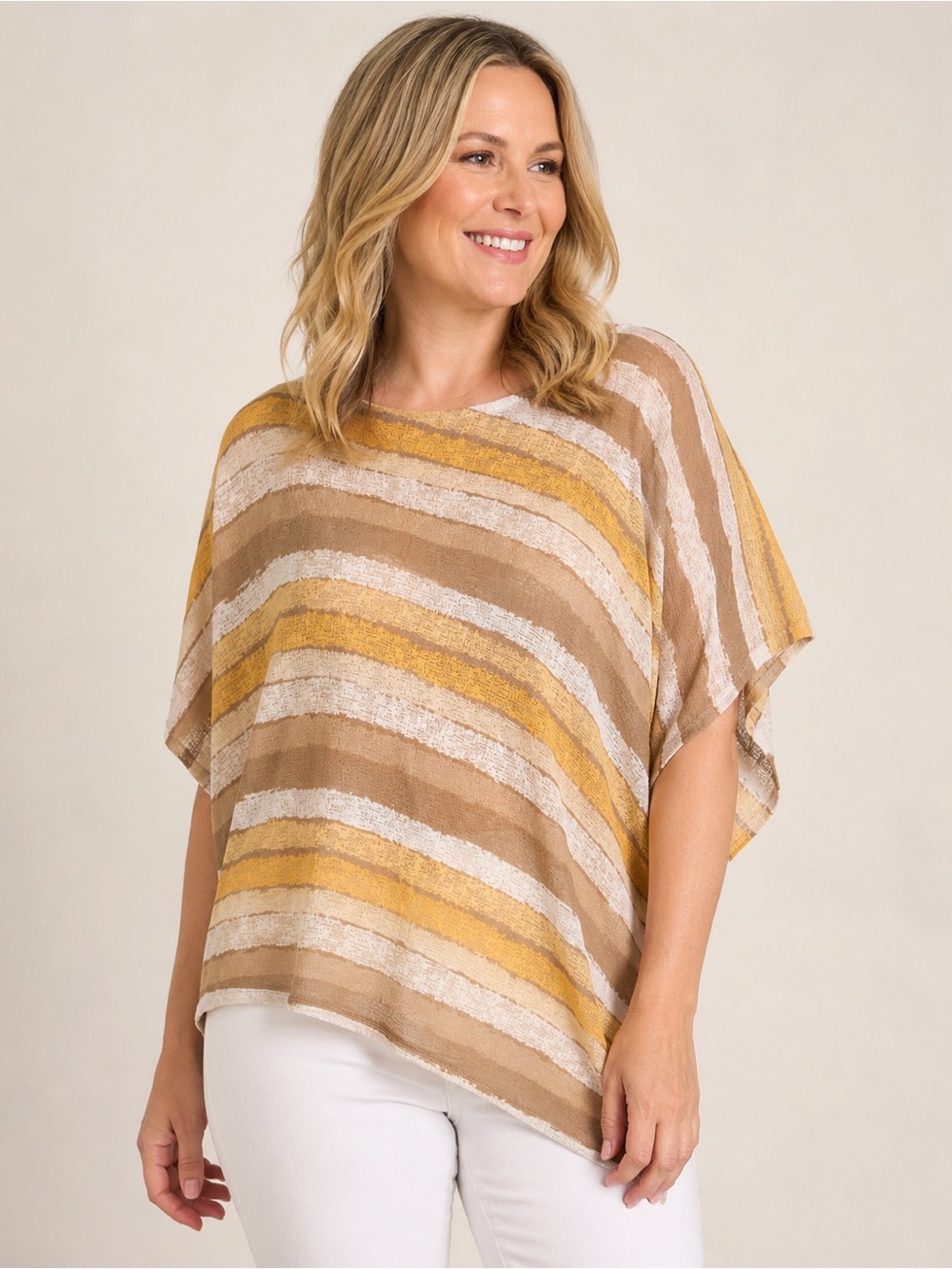 Melanie Lyne XL Textured Stripe Knit Top Mustard Beige Oversized Stretch